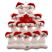Family ornament with 13 white snowmen in red hats, gathered around a red maple leaf, numbered 1-14 for personalization.