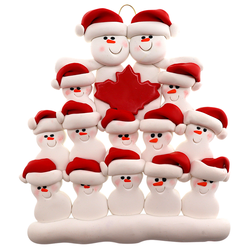 Family ornament with 14 white snowmen in red hats, gathered around a red maple leaf.