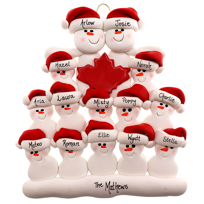 Family ornament with 14 white snowmen in red hats, gathered around a red maple leaf, personalized with names.