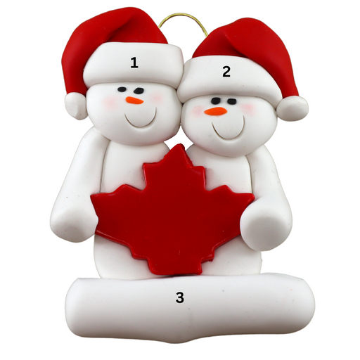 Family ornament with 2 white snowmen in red hats, gathered around a red maple leaf, numbered 1-3 for personalization.