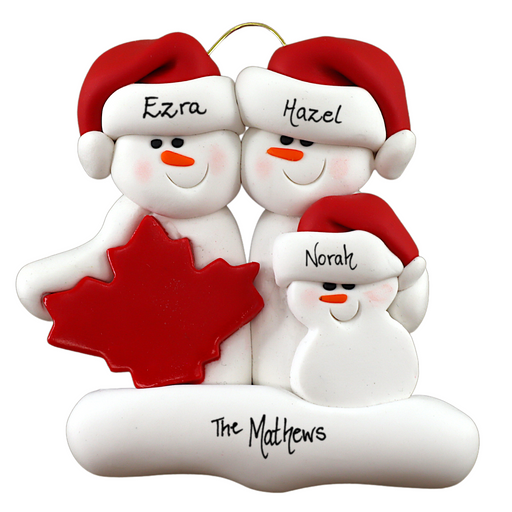 Family ornament with 3 white snowmen in red hats, gathered around a red maple leaf, personalized with names.