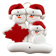 Family ornament with 3 white snowmen in red hats, gathered around a red maple leaf, numbered 1-4 for personalization.