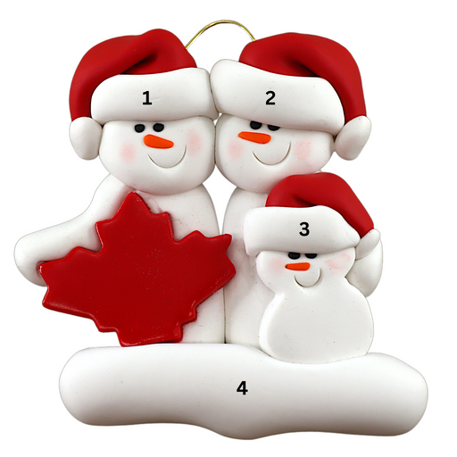Family ornament with 3 white snowmen in red hats, gathered around a red maple leaf, numbered 1-4 for personalization.