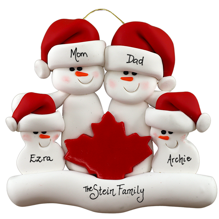 Family ornament with 4 white snowmen in red hats, gathered around a red maple leaf, personalized with names.