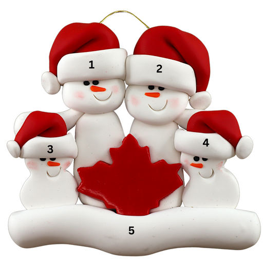 Family ornament with 4 white snowmen in red hats, gathered around a red maple leaf, numbered 1-5 for personalization.