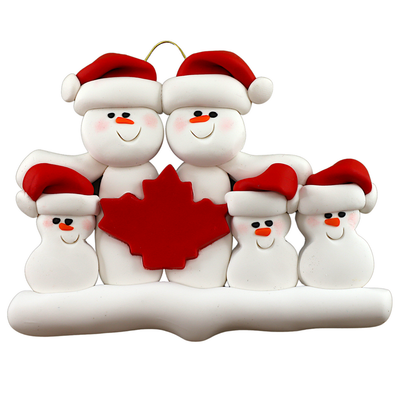 Family ornament with 5 white snowmen in red hats, gathered around a red maple leaf.