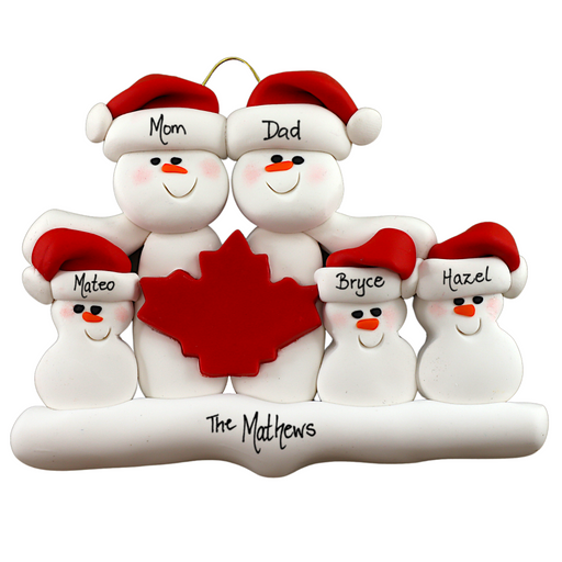 Family ornament with 5 white snowmen in red hats, gathered around a red maple leaf, personalized with names.