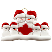Family ornament with 6 white snowmen in red hats, gathered around a red maple leaf.
