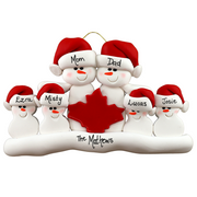 Family ornament with 6 white snowmen in red hats, gathered around a red maple leaf, personalized with names.
