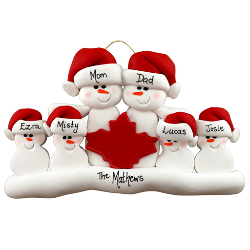 Family ornament with 6 white snowmen in red hats, gathered around a red maple leaf, personalized with names.