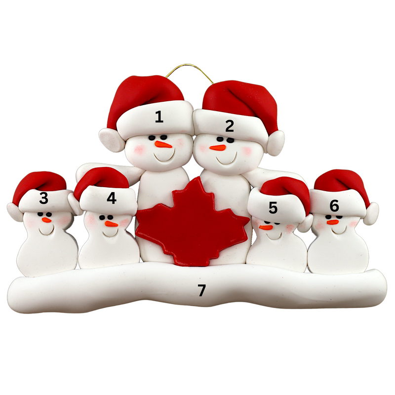 Family ornament with 6 white snowmen in red hats, gathered around a red maple leaf, numbered 1-7 for personalization.
