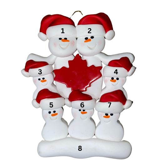 Family ornament with 7 white snowmen in red hats, gathered around a red maple leaf, numbered 1-8 for personalization.