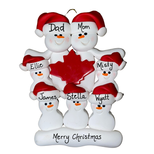 Family ornament with 7 white snowmen in red hats, gathered around a red maple leaf, personalized with names.