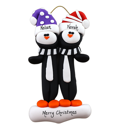 Family ornament with 2 black and white penguins in colourful festive hats, personalized with names.