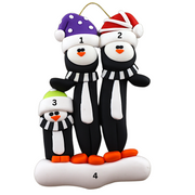 Family ornament with 3 black and white penguins in colourful festive hats, mumbered 1-4 for personalization.
