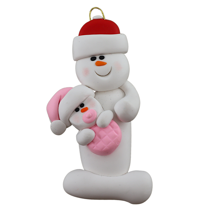 Family ornament with 1 large and 1 infant snowman in pink.