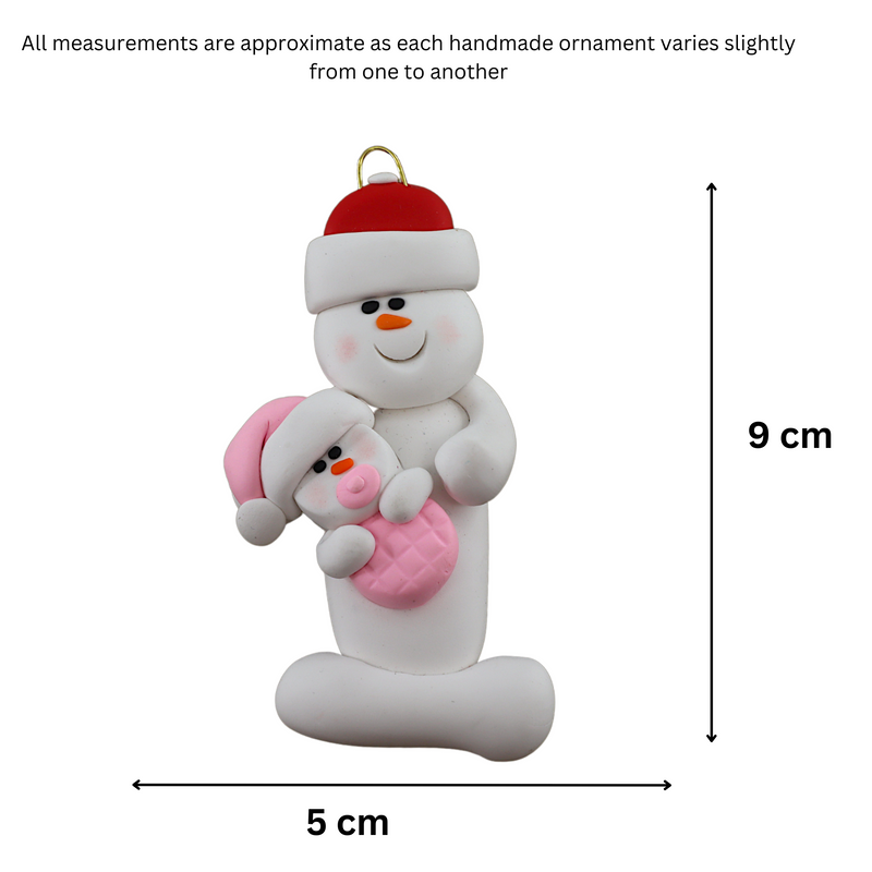 Family ornament with 1 large and 1 infant snowman in pink, graphed to show size (5x9cm).