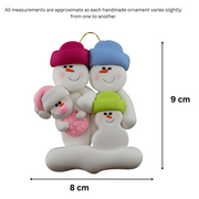 Family ornament with 2 large, 1 small and 1 infant snowman in pink, graphed to show size (8x9cm).