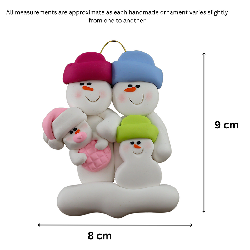 Family ornament with 2 large, 1 small and 1 infant snowman in pink, graphed to show size (8x9cm).