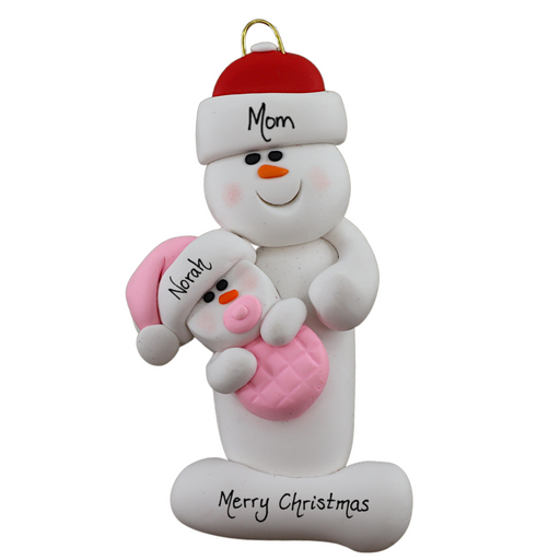 Family ornament with 1 large and 1 infant snowman in pink, personalized with names.