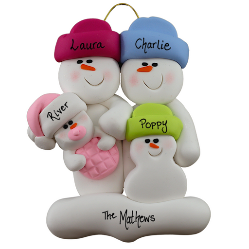 Family ornament with 2 large, 1 small and 1 infant snowman in pink, personalized with names.