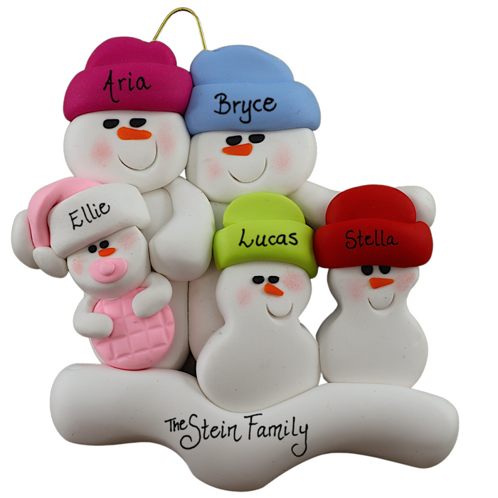 Family ornament with 2 large, 2 small and 1 infant snowman in pink, personalized with names.
