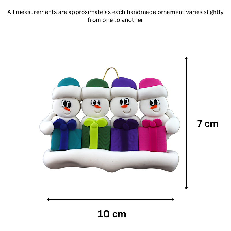 Family ornament with 4 white snowmen in colourful hats holding matching presents, graphed to show size (10x7cm).