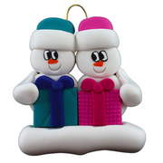 Family ornament with 2 white snowmen in colourful hats holding matching presents.
