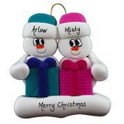Family ornament with 2 white snowmen in colourful hats holding matching presents, personalized with names.