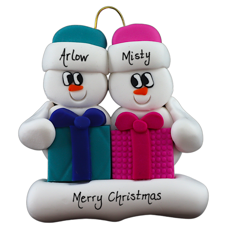 Family ornament with 2 white snowmen in colourful hats holding matching presents, personalized with names.