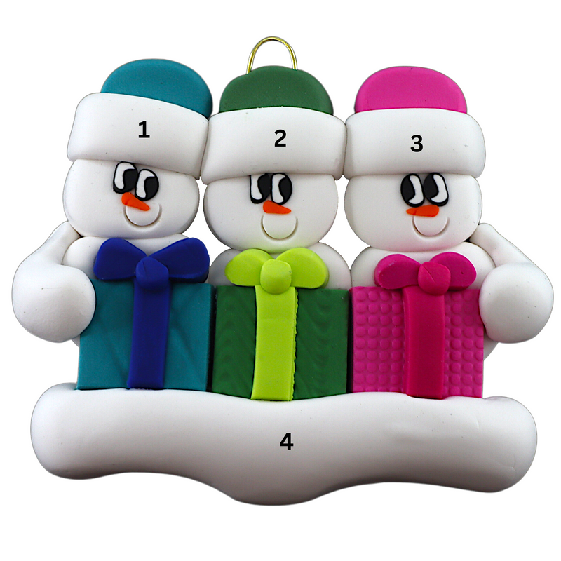 Family ornament with 3 white snowmen in colourful hats holding matching presents, numbered 1-4 for personalization.