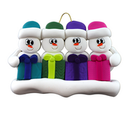 Family ornament with 4 white snowmen in colourful hats holding matching presents.