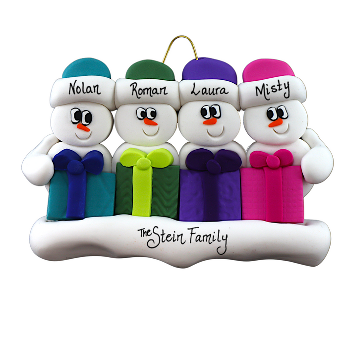 Family ornament with 4 white snowmen in colourful hats holding matching presents, personalized with names.