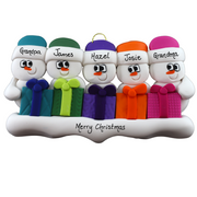 Family ornament with 5 white snowmen in colourful hats holding matching presents, personalized with names.