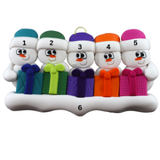 Family ornament with 5 white snowmen in colourful hats holding matching presents, numbered 1-6 for personalization.