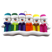 Family ornament with 6 white snowmen in colourful hats holding matching presents.