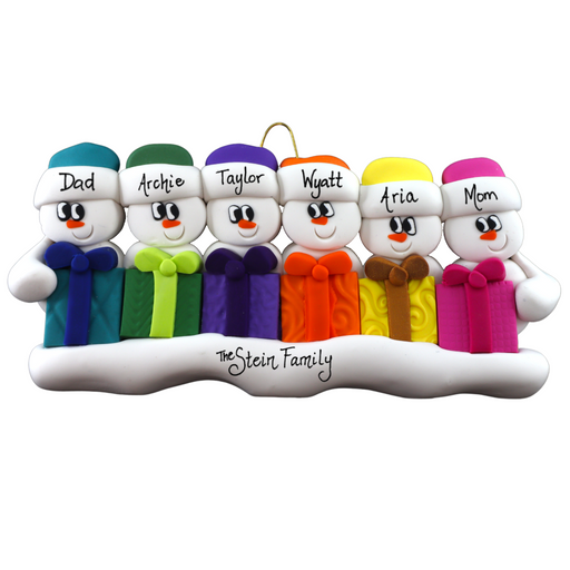 Family ornament with 6 white snowmen in colourful hats holding matching presents, personalized with names.