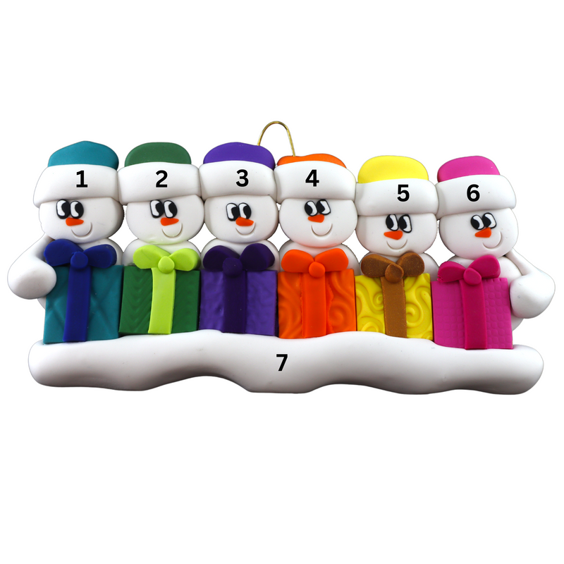 Family ornament with 6 white snowmen in colourful hats holding matching presents, numbered 1-7 for personalization.