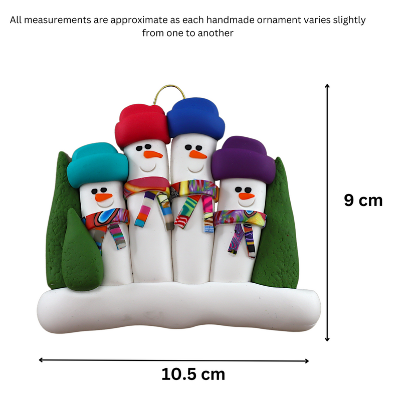 Family ornament with 4 snowmen in colourful scarves and hats, hemmed by Christmas trees, graphed to show size (10.5x9cm).