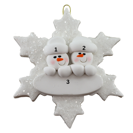 Family ornament with 2 white snowmen stacked on top of a glitter white snowflake, numbered 1-3 for personalization.