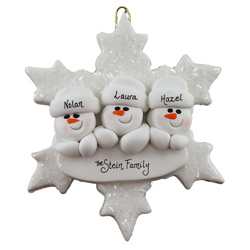 Family ornament with 3 white snowmen stacked on top of a glitter white snowflake, personalized with names.