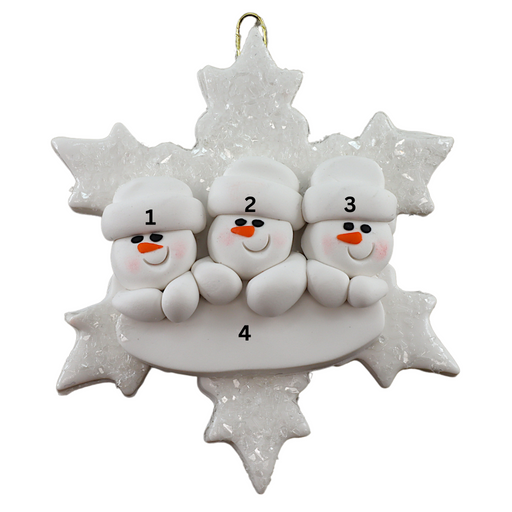 Family ornament with 3 white snowmen stacked on top of a glitter white snowflake, numbered 1-4 for personalization.
