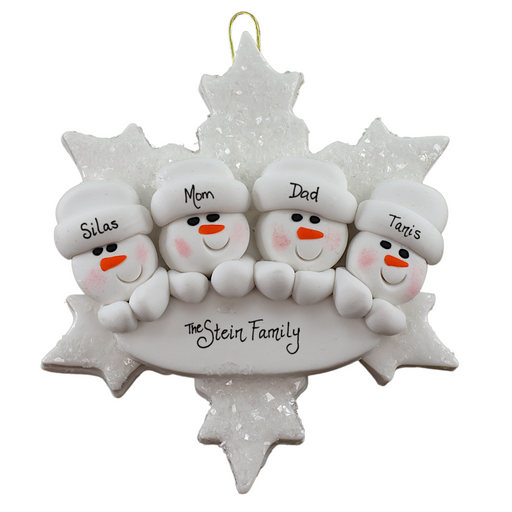 Family ornament with 4 white snowmen stacked on top of a glitter white snowflake, personalized with names.