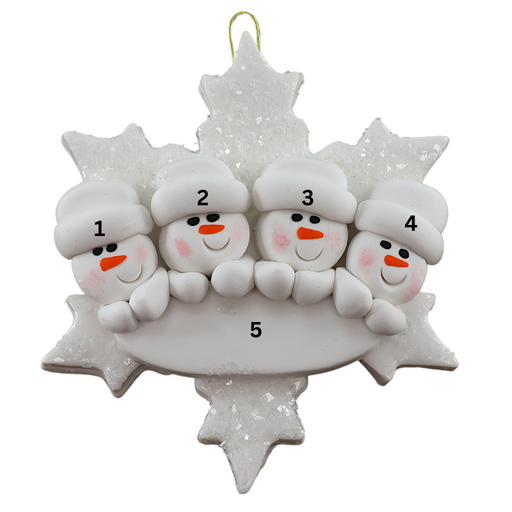 Family ornament with 4 white snowmen stacked on top of a glitter white snowflake, numbered 1-5 for personalization.