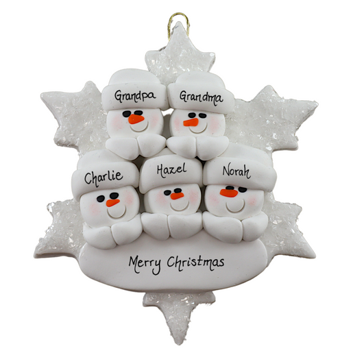 Family ornament with 5 white snowmen stacked on top of a glitter white snowflake, personalized with names.