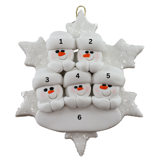 Family ornament with 5 white snowmen stacked on top of a glitter white snowflake, numbered 1-6 for personalization.