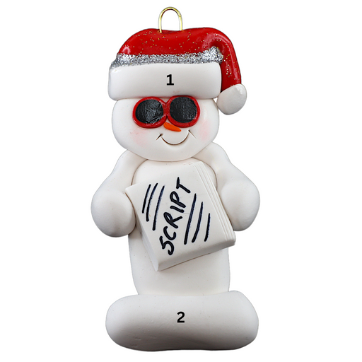 Ornament of white snowman in red hat and sunglasses holding a movie script, numbered 1-2 for personalization.