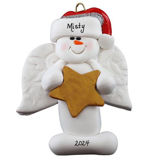 Ornament of white snowman in red hat with angel wings and a golden star, personalized with name.