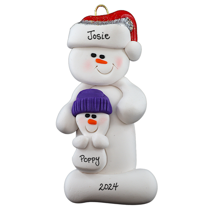 Ornament of white snowman in red hat holding smaller snowman, personalized with name.