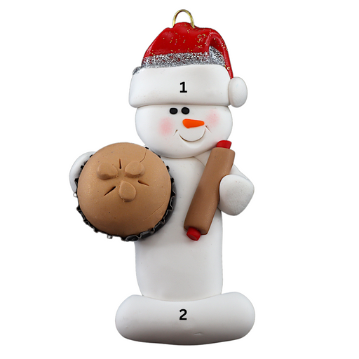 Ornament of white snowman in red hat holding a baked pie and rolling pin, numbered 1-2 for personalization.